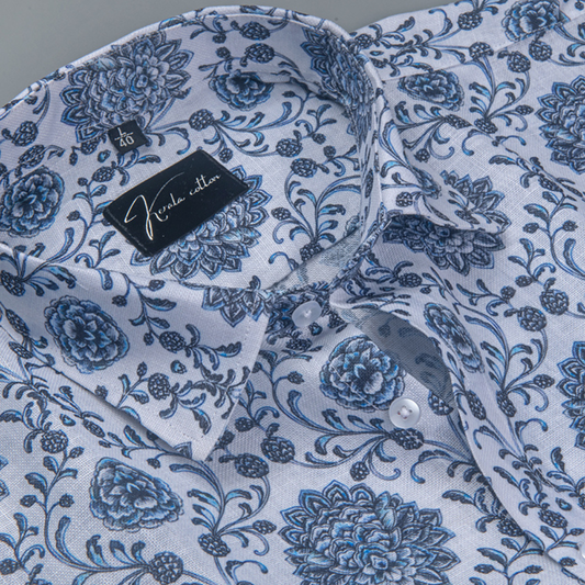 Rusiyano Linen White with Grey French Print Shirts for Men