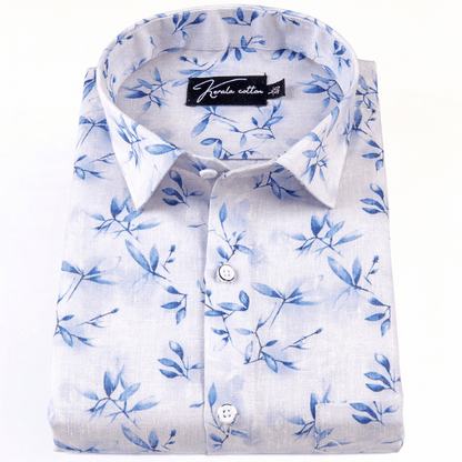 Italian linen white with blue batel print