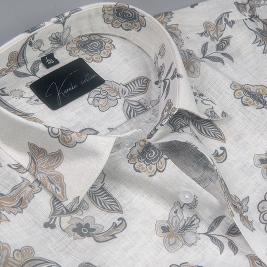 Linen Prime White with Gray Jasmine Print Shirts for Men