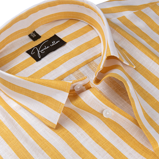 Linen White With Yellow Patta Print Shirts For Men