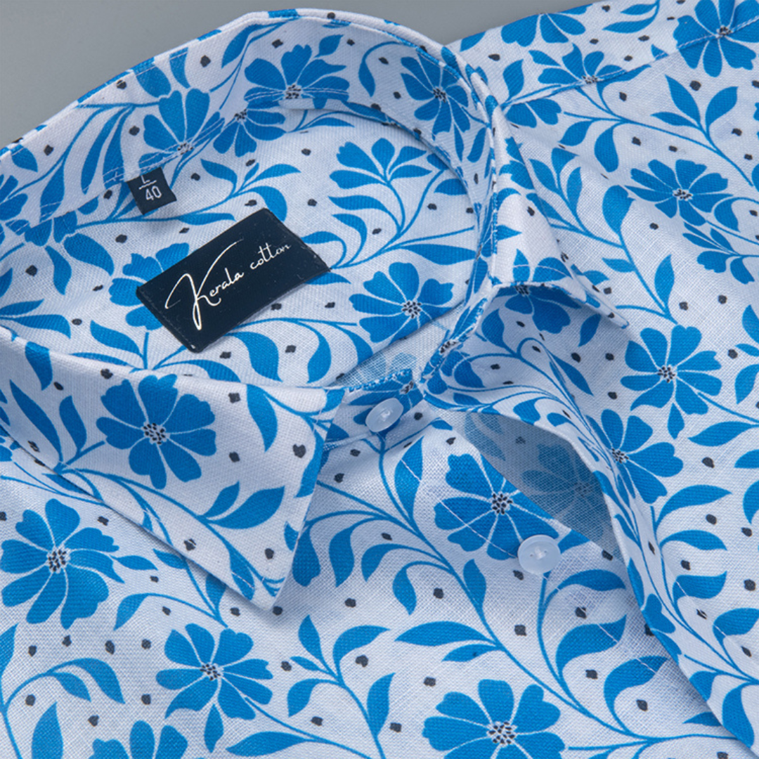 Rusiyano Linen White with Sky Flower Print Shirts for Men