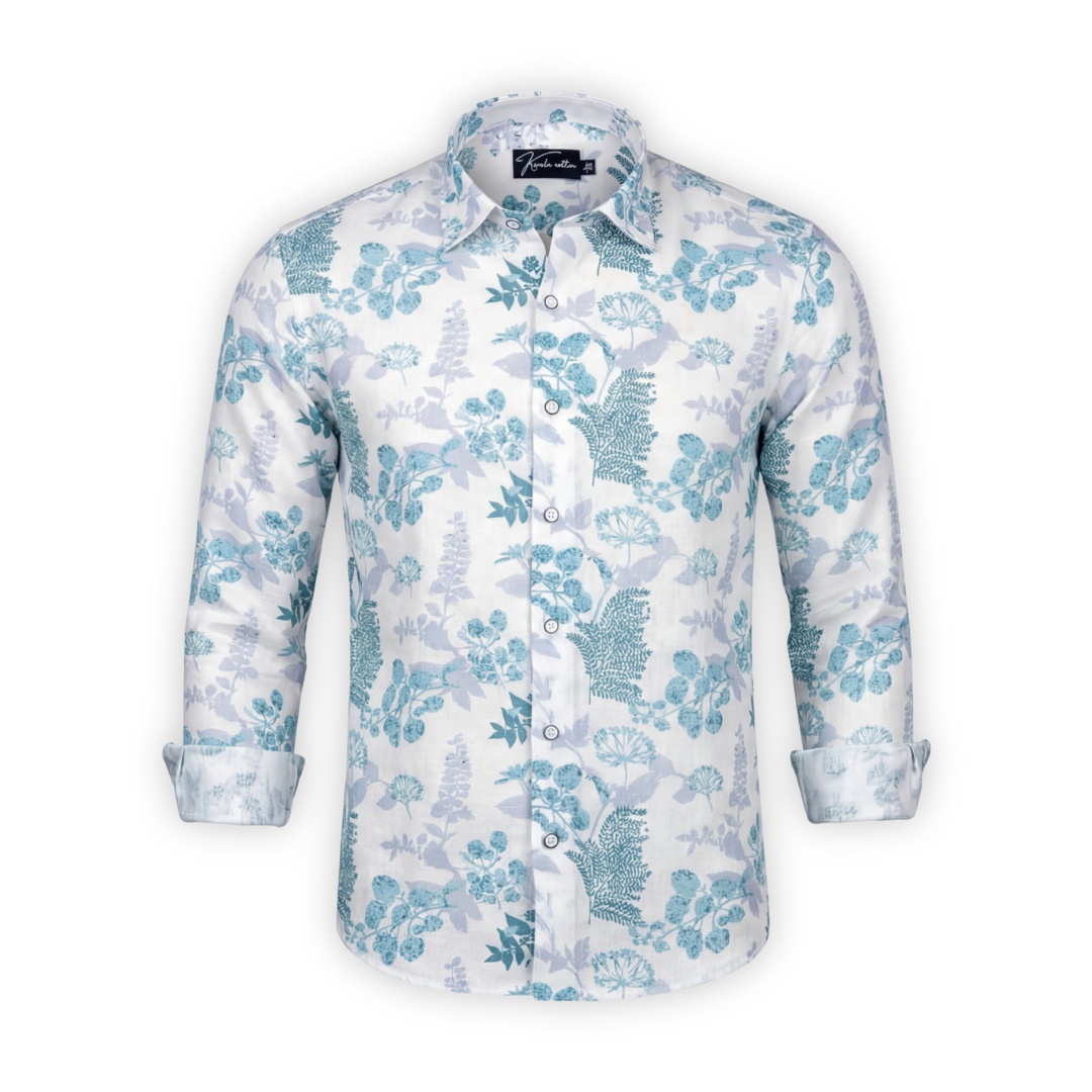 Opal Linen White with Sky Blue Flower Shirts for Men