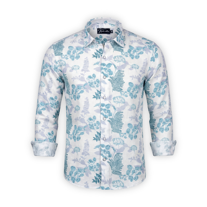 Opal Linen White with Sky Blue Flower Shirts for Men