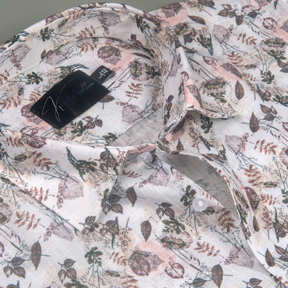 Rusiyano Linen White with Marrun Green Mix Flower Print Shirts for Men