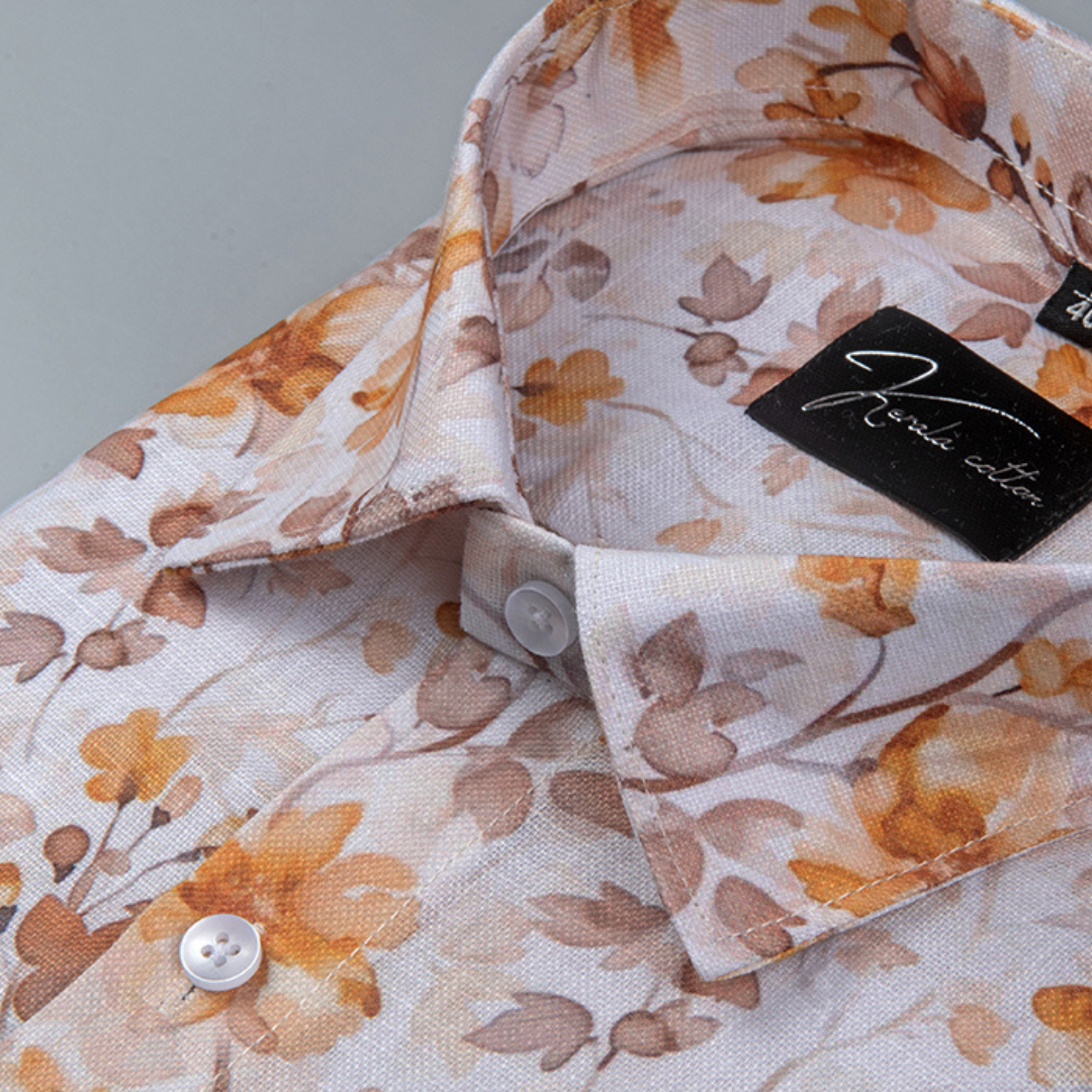 Rusiyano Linen White With Yellow Golden Flower Print Shirts for Men