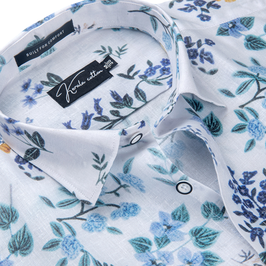 New Italian Linen White With Blue Flower Print Shirts For Men