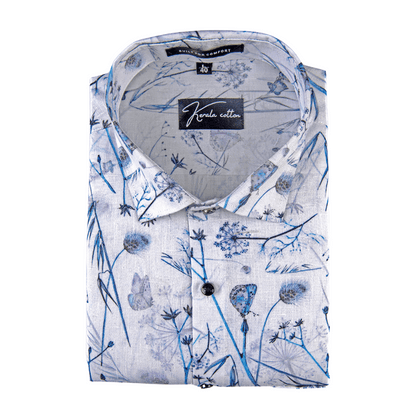 Italian linen White With Blue Flower Print