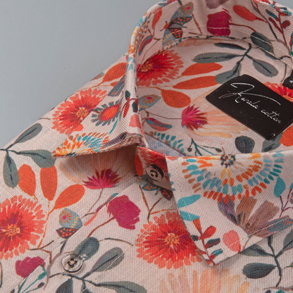 Rusiyano Linen Orange with Dark Red Flower Print Shirts for Men