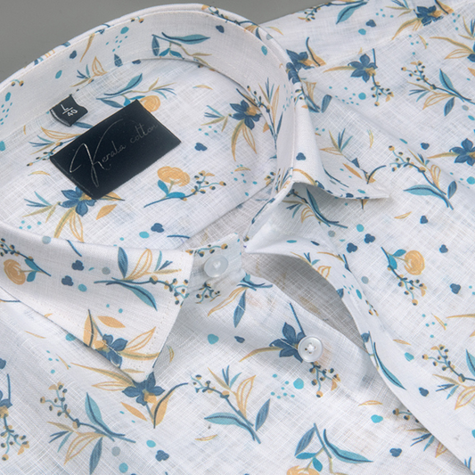 Linen Prime white with Rama Yellow Small Flower Print Shirts for Men