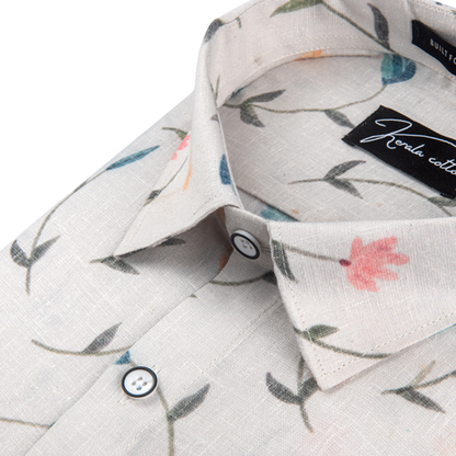 New Italian Linen Cream With Rama Pink Flower Print Shirts