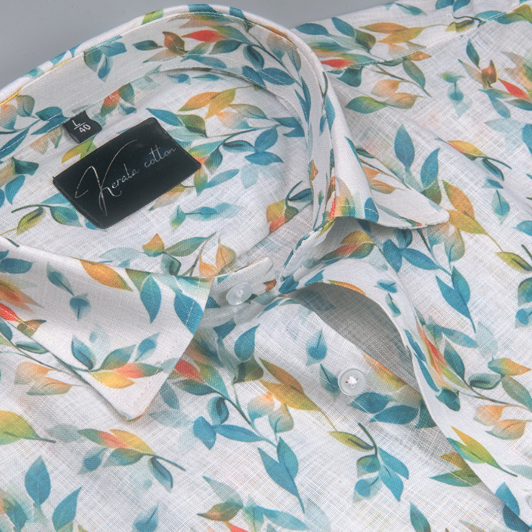 Linen Prime White with Golden Rama Mix Batel Print Shirts for Men