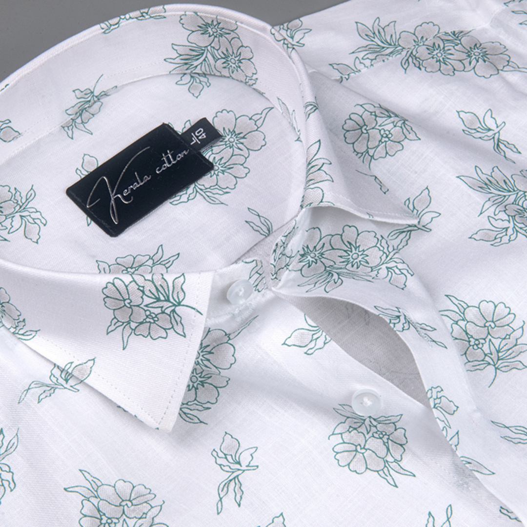Turkey Cotton White with Green Flower Print Shirts for Men
