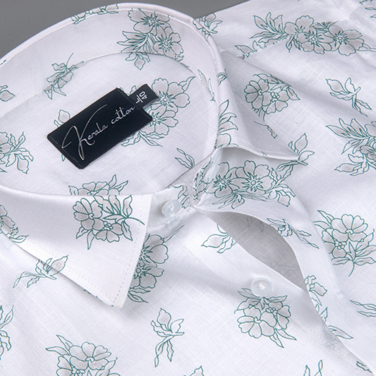 Turkey Cotton White with Green Flower Print Shirts for Men