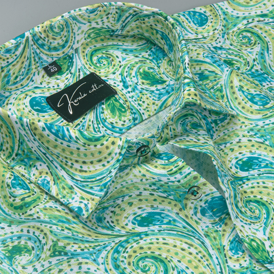 Rusiyano Linen Parrat Green Pathan Print Shirts for Men