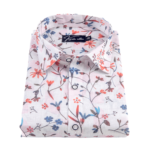 Italian Linen White With Red Blue Mix Printed Shirts