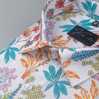 Rusiyano Linen White with Multicolour Flower Print Shirts for Men