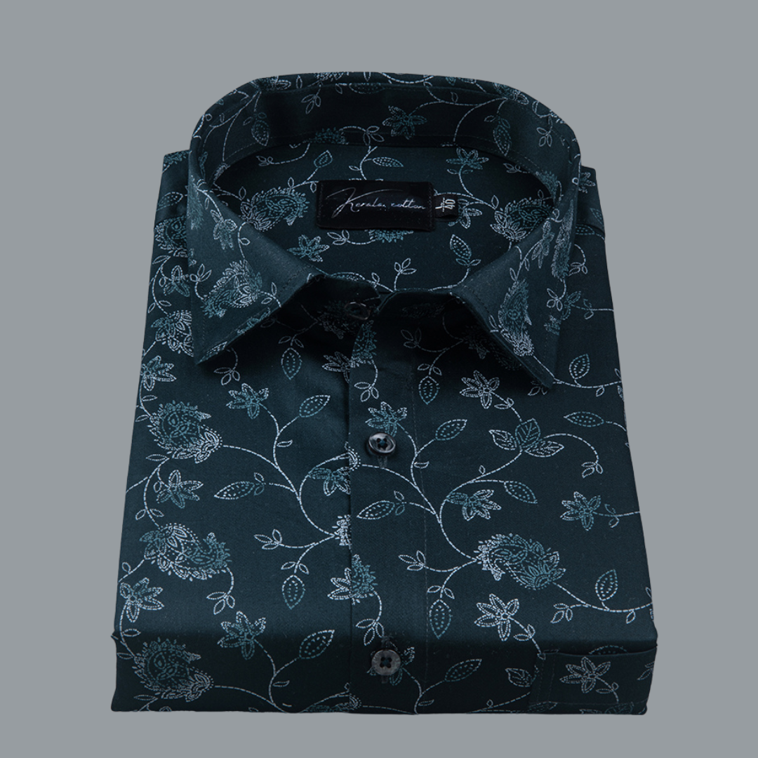 Trident Bottle Green Cotton Print Shirts