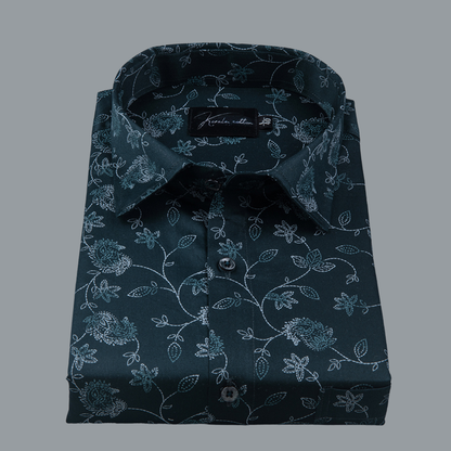 Trident Bottle Green Cotton Print Shirts