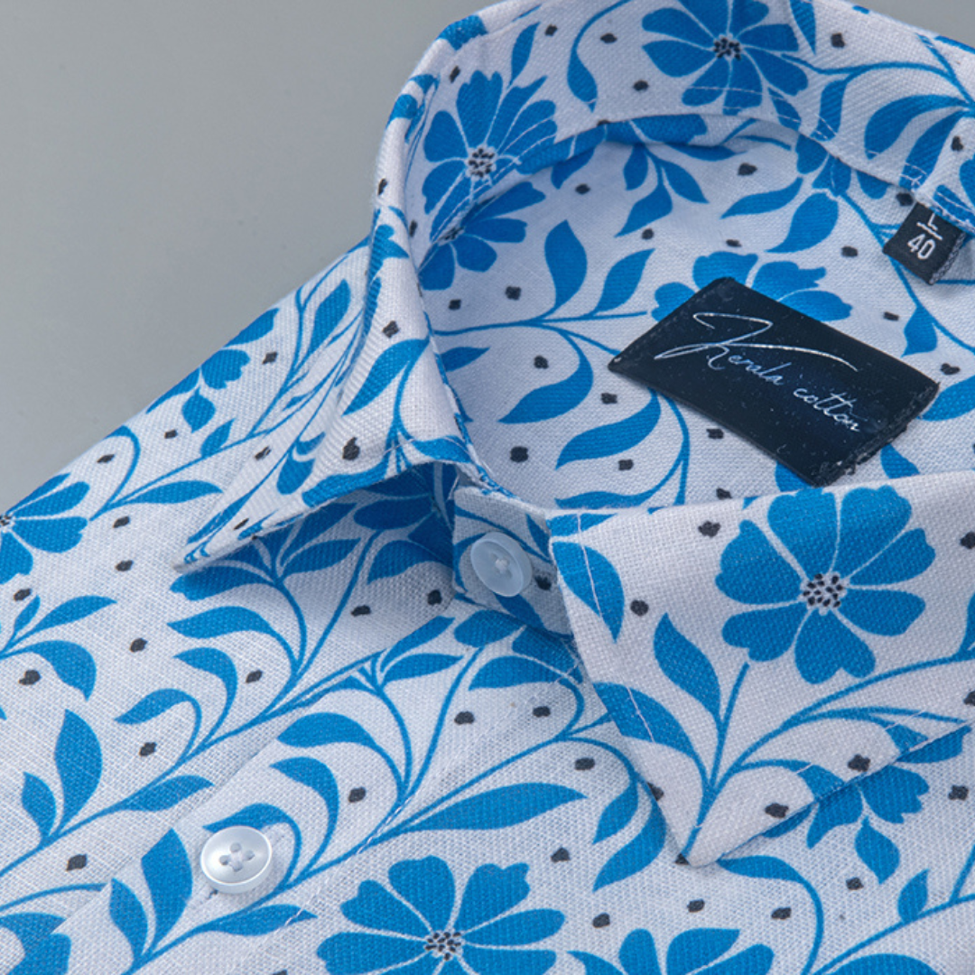 Rusiyano Linen White with Sky Flower Print Shirts for Men