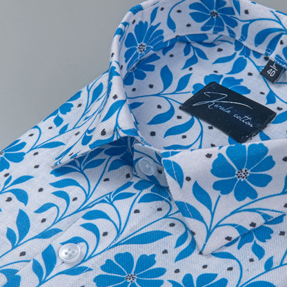 Rusiyano Linen White with Sky Flower Print Shirts for Men
