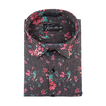New Italian Linen Black With Red Flower Print Shirts