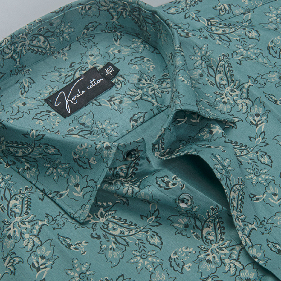 Gloster Cotton Rama Green Pathan Print Shirts for Men