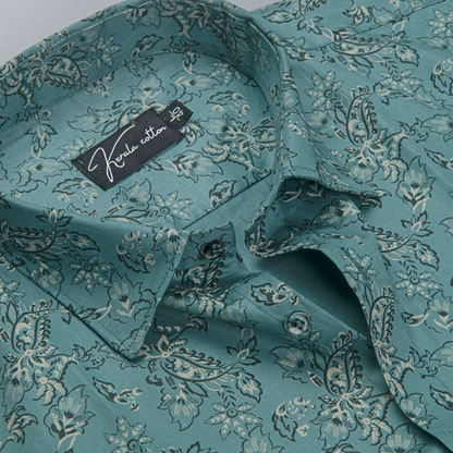 Gloster Cotton Rama Green Pathan Print Shirts for Men