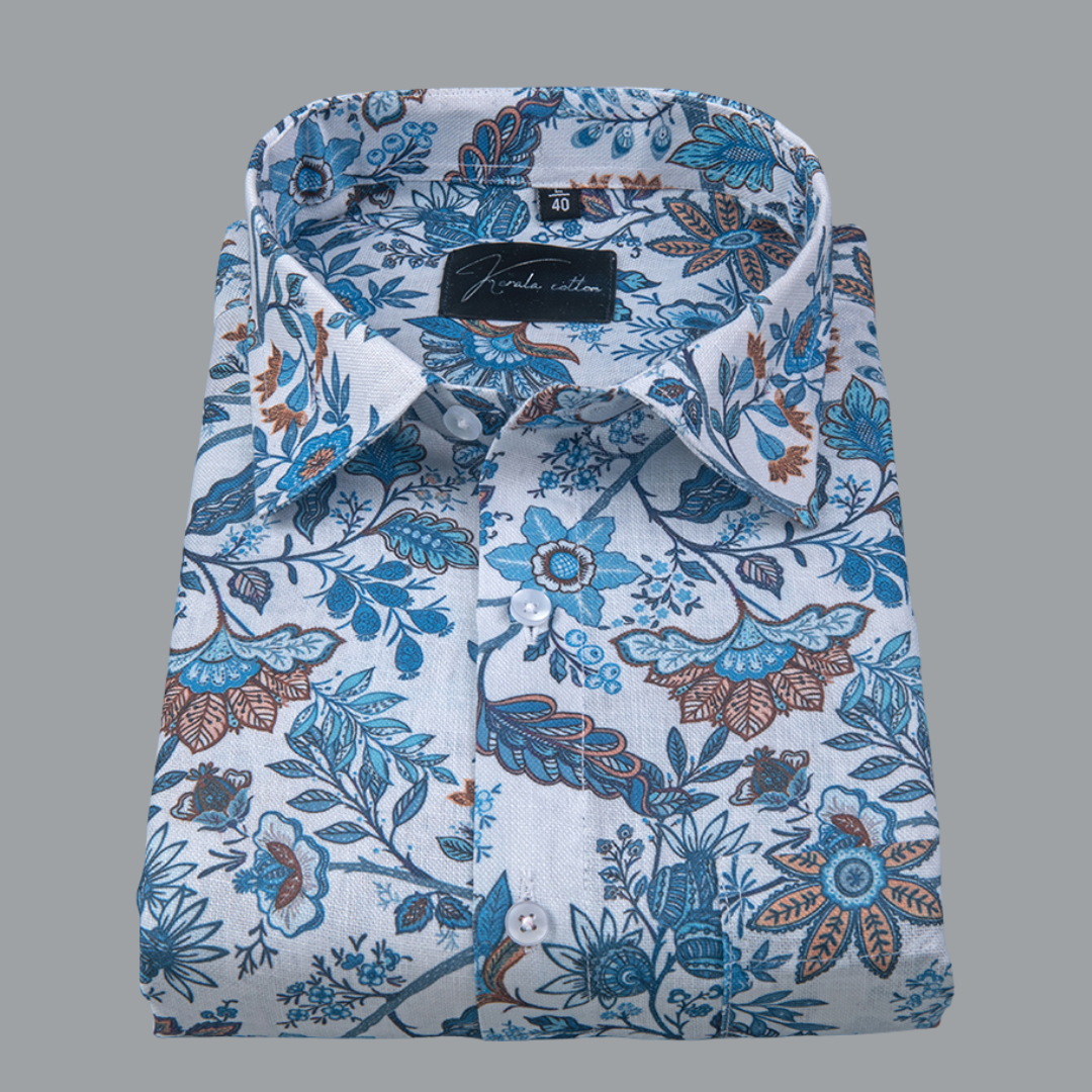 Rusiyano Linen White with Rama Orange Flower Print Shirts for Men