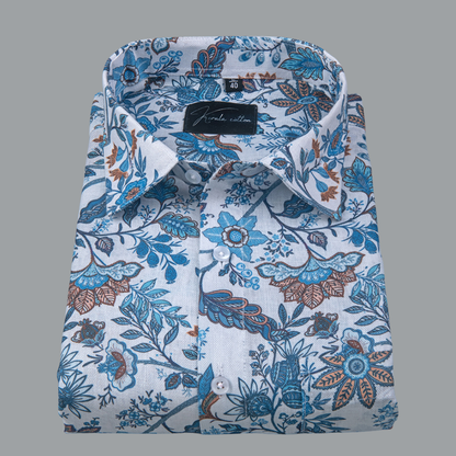 Rusiyano Linen White with Rama Orange Flower Print Shirts for Men
