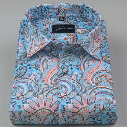 Rusiyano Linen Sky Blue With Peach Flower Print Shirts for Men