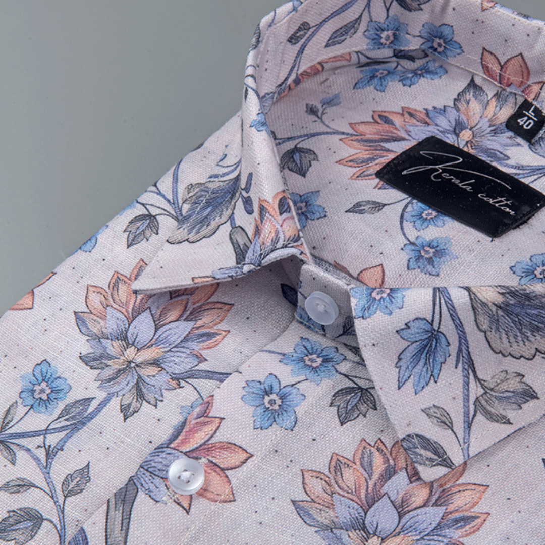 Rusiyano Linen Light Sky with Orange Cluster Flower Print Shirts for Men