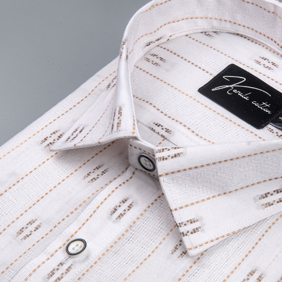 Linen New Butta White with Golden Lining Zari Print Shirts