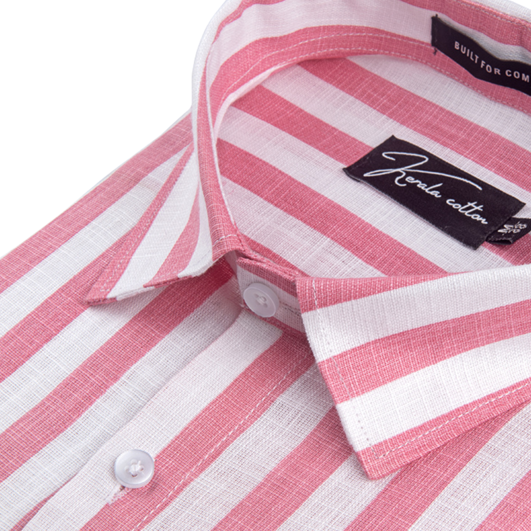 Linen White With Pink Patta Print Shirts For Men
