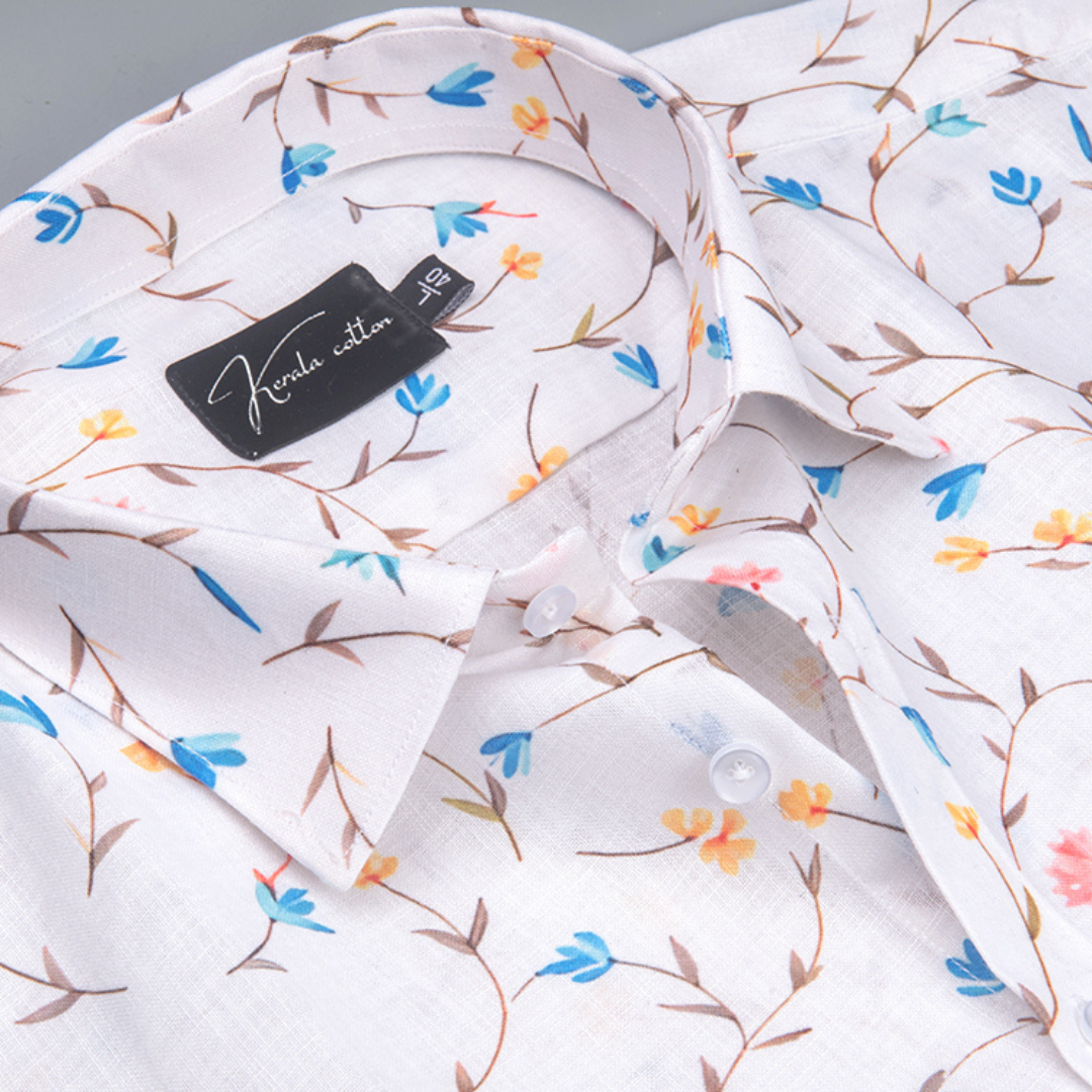 New Italian Linen Cream With Rama Pink Flower Print Shirts