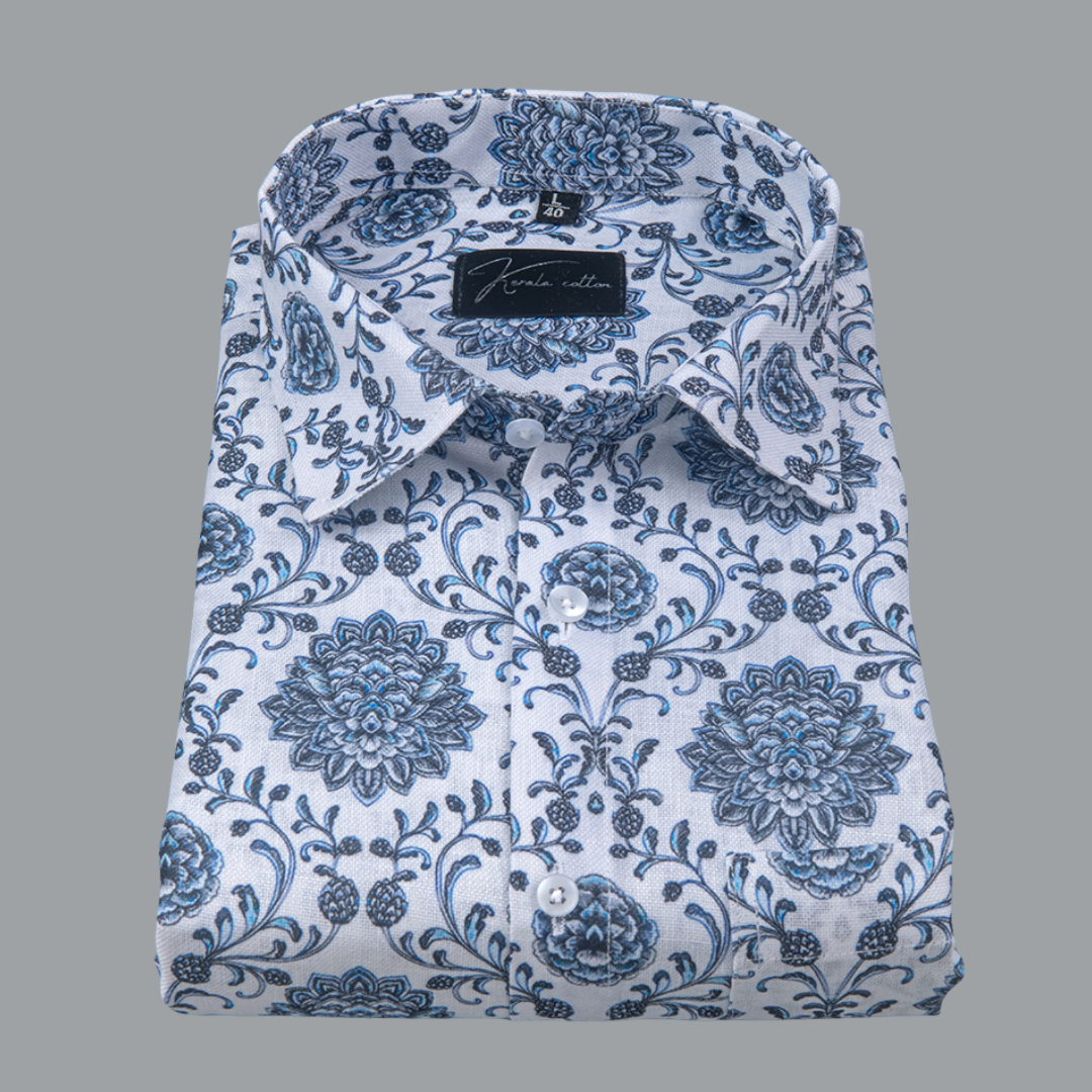 Rusiyano Linen White with Grey French Print Shirts for Men
