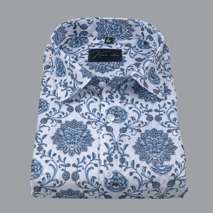 Rusiyano Linen White with Grey French Print Shirts for Men