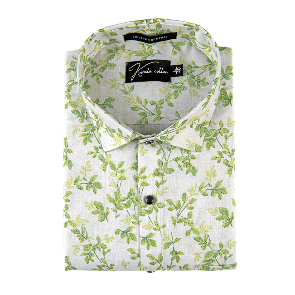 Italian linen White With Green Flower Print