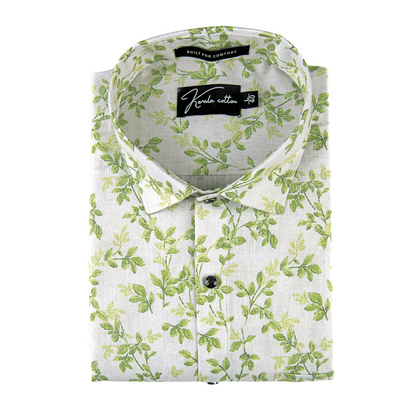 Italian linen White With Green Flower Print