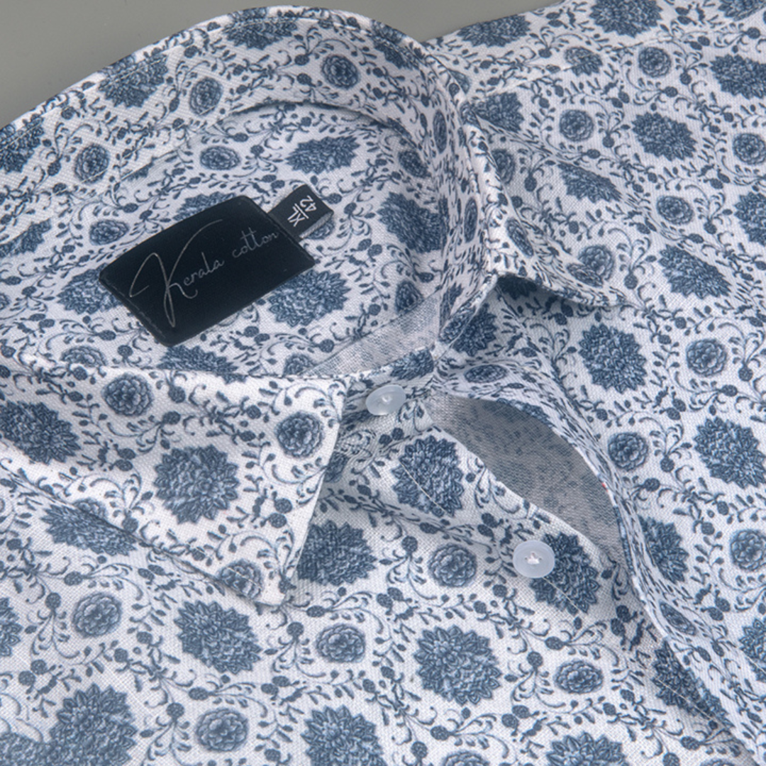 Rusiyano Linen White with Gray Franch Print Shirts for Men