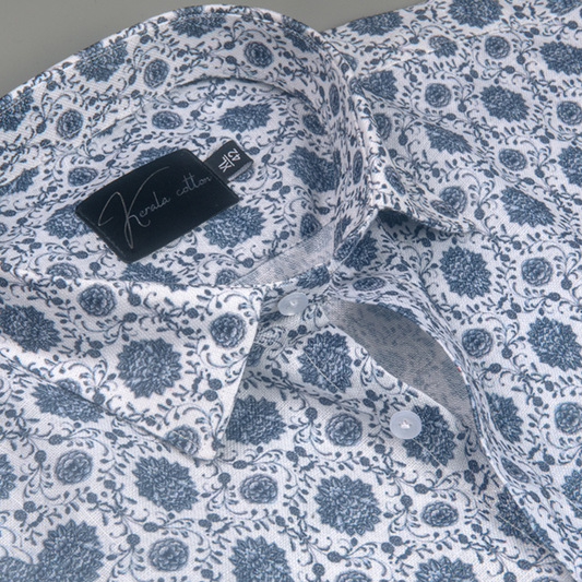 Rusiyano Linen White with Gray Franch Print Shirts for Men