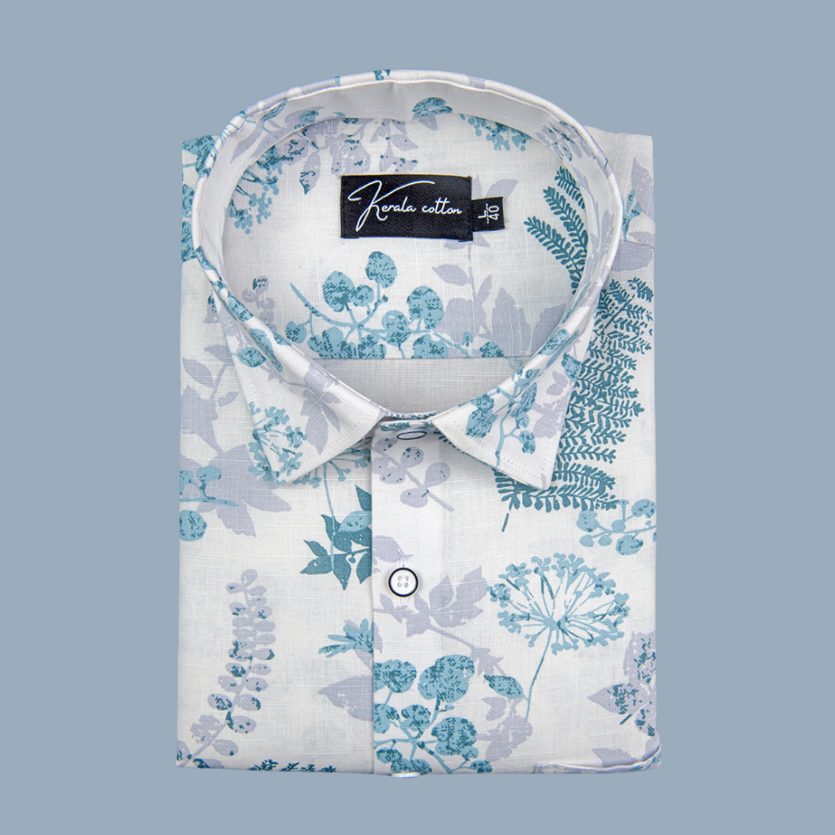 Opal Linen White with Sky Blue Flower Shirts for Men