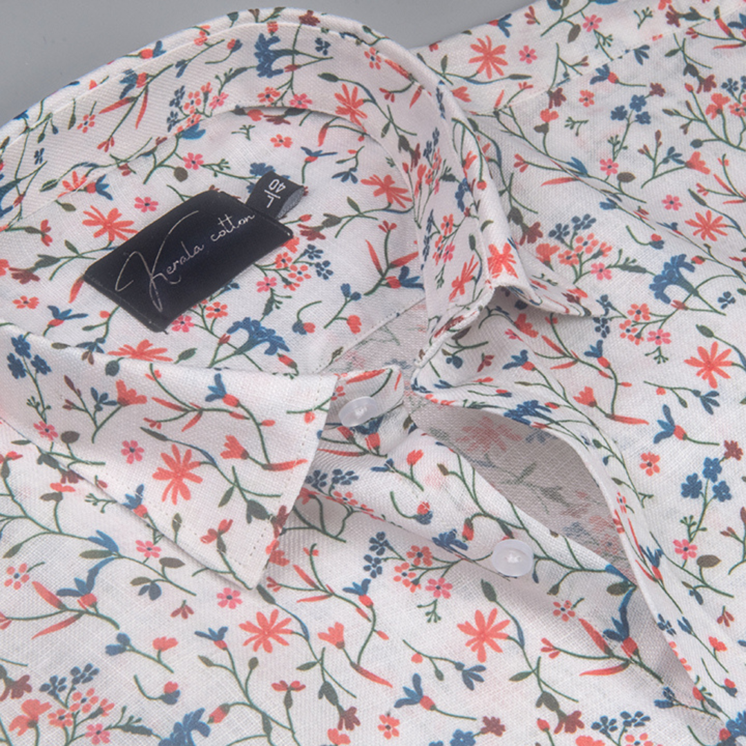 Rusiyano Linen White with Red Blue Flower Print Shirts for Men