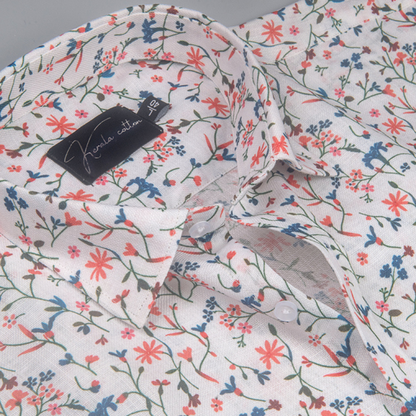 Rusiyano Linen White with Red Blue Flower Print Shirts for Men
