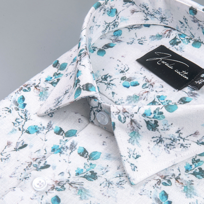 Belgium Soft Linen White with Rama Flower Print Shirts