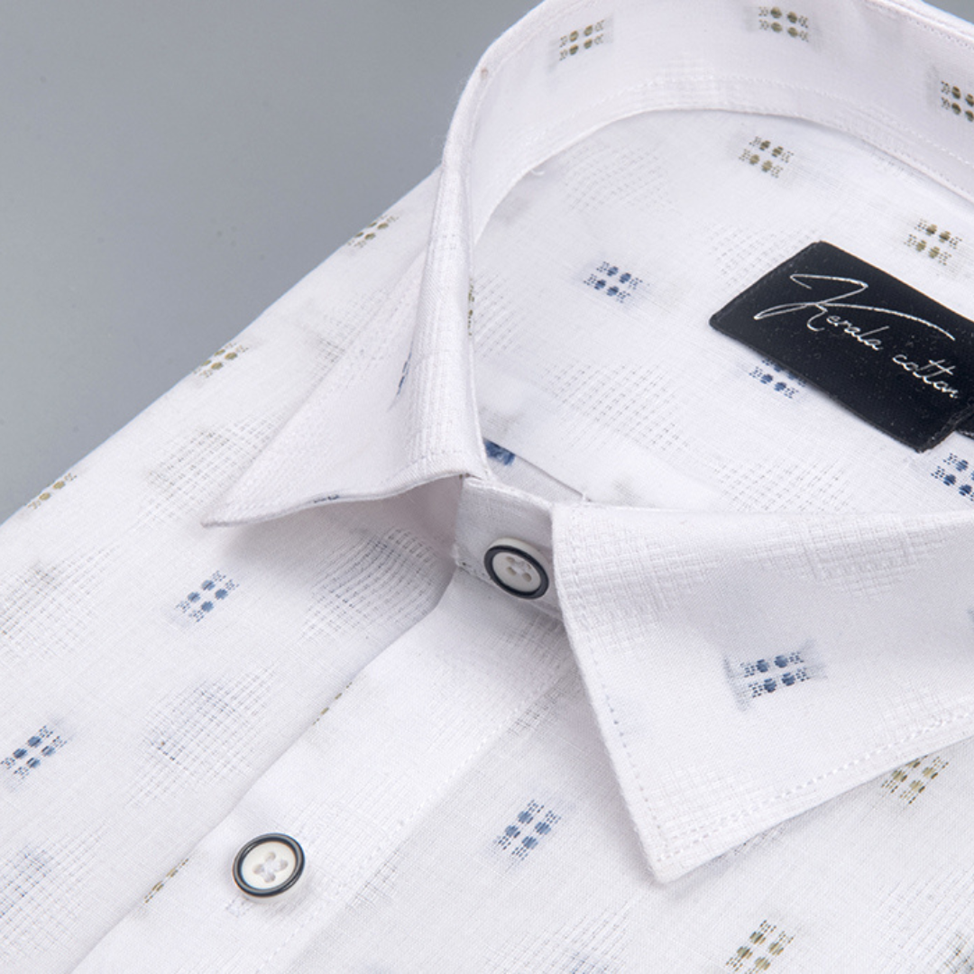 Linen New Butta White Golden with Blue Rectangle Print Shirts