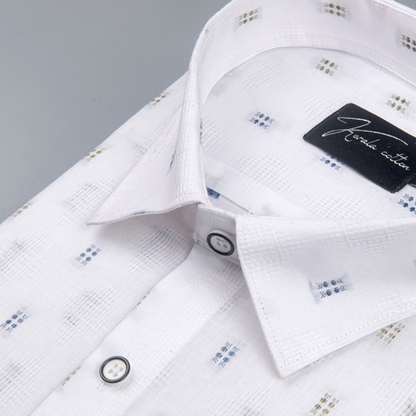 Linen New Butta White Golden with Blue Rectangle Print Shirts