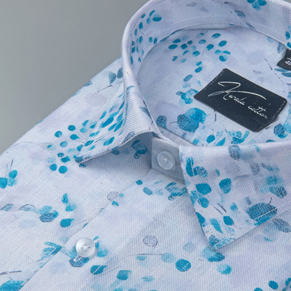 Rusiyano Linen White with Rama Blue Flower Print Shirts for Men