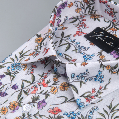 Belgium Soft Linen White Multicolour Flower Print Shirts
