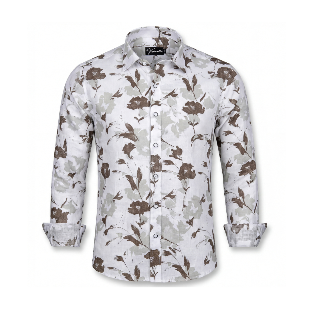 Sidney Linen White with Brown flower Print Shirts for Men