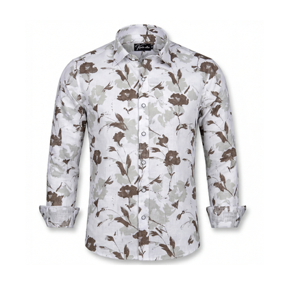 Sidney Linen White with Brown flower Print Shirts for Men